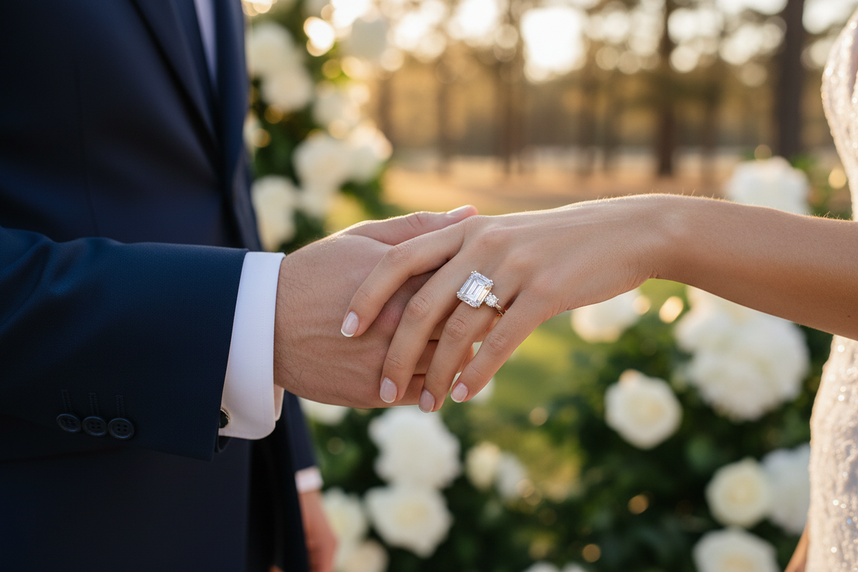 Silver baguette-cut square center ring on a couple’s hands