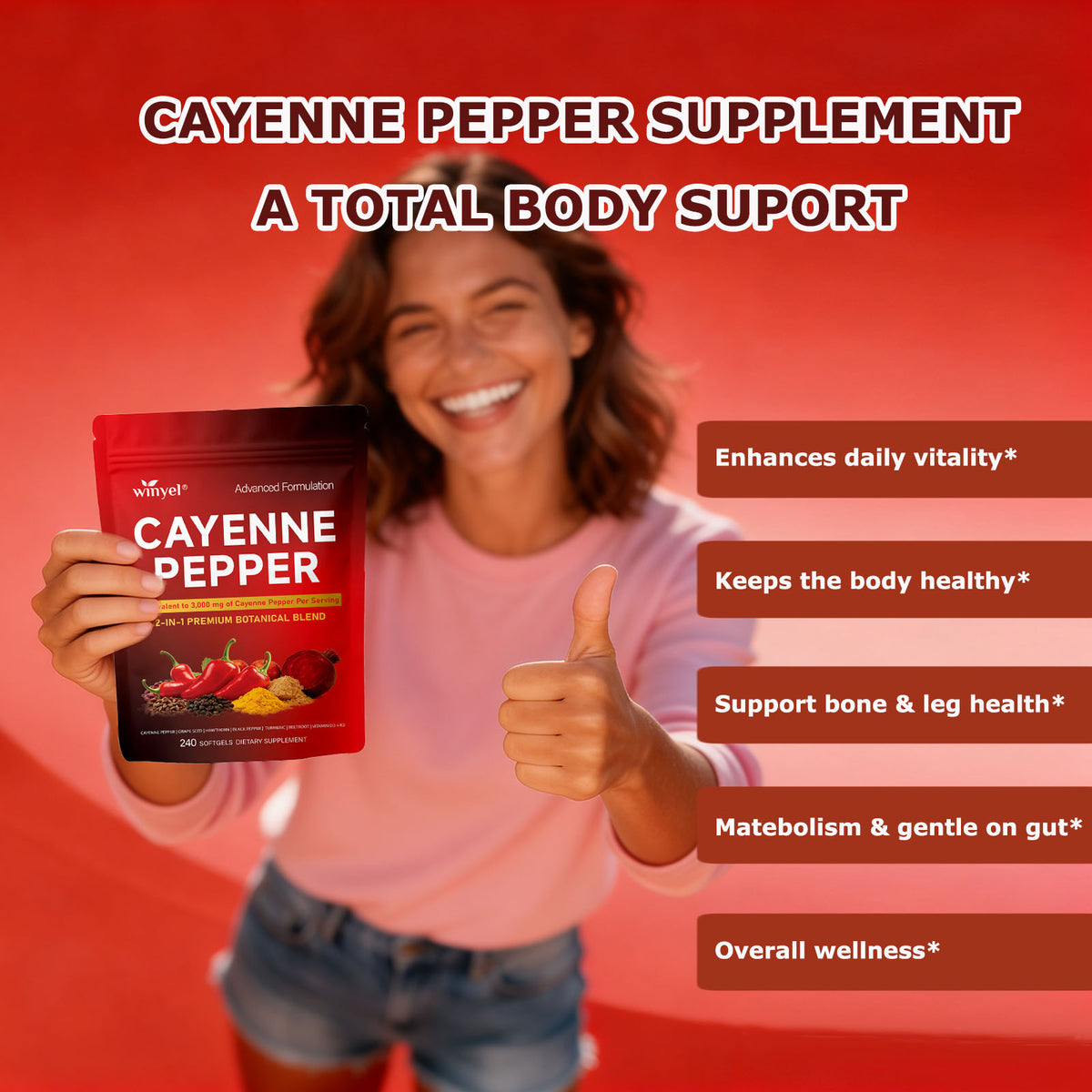 Cayenne Pepper supplement pouch held in hand, red packaging with label.