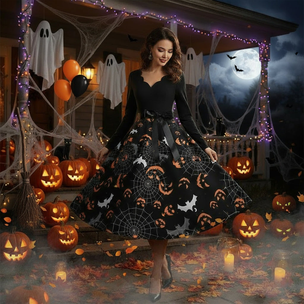 Halloween Burnt Flower V-neck Long-sleeved Sexy Print Big Swing Dress