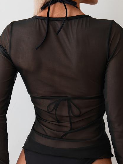 Women's Fashion Swimsuit, Sexy Solid Color Round Neck Sun Protection Shirt, Vacation Style