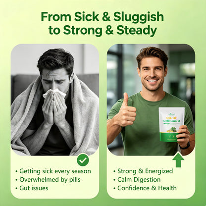 Oil of Oregano softgels benefits infographic with check marks and pouch