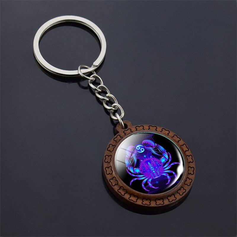 Constellation Keychain Wood Carved Time Gem Pendant