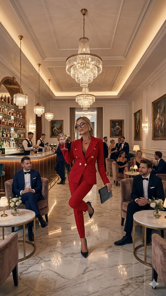 Women's red button-front suit jacket and matching slim trousers, tailored office set.