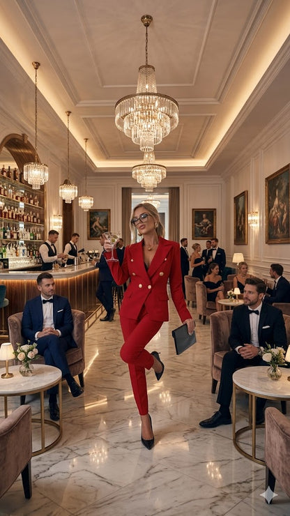 Women's red button-front suit jacket and matching slim trousers, tailored office set.