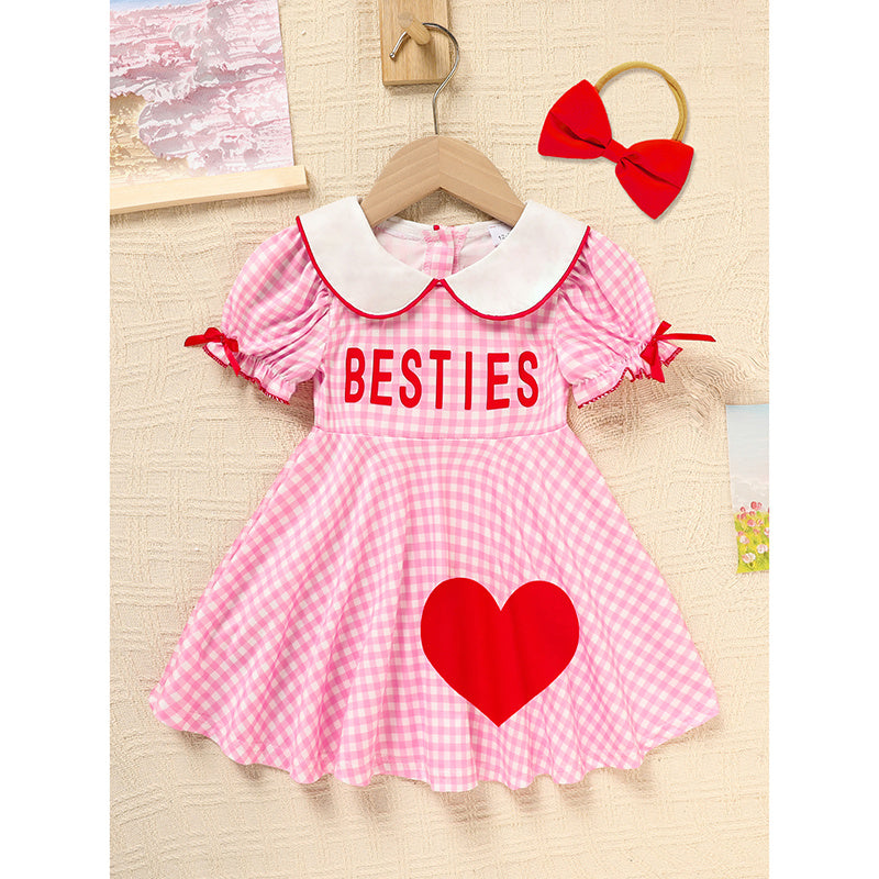 Sweet Baby Toddler Girl's Short Sleeve Letter Heart Print Doll Collar Dress With Matching Headband