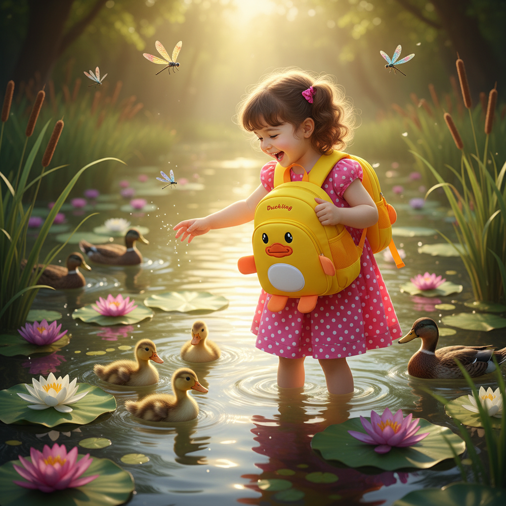 Children's yellow duck-face backpack with orange beak details and front zipper pocket
