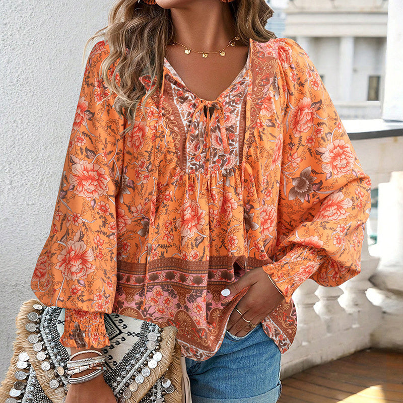 Women's Boho Chic Long Sleeve Blouse Floral Print V-Neck Top With Lace-Up & Drawstring Detail Elegant Vacation Shirt