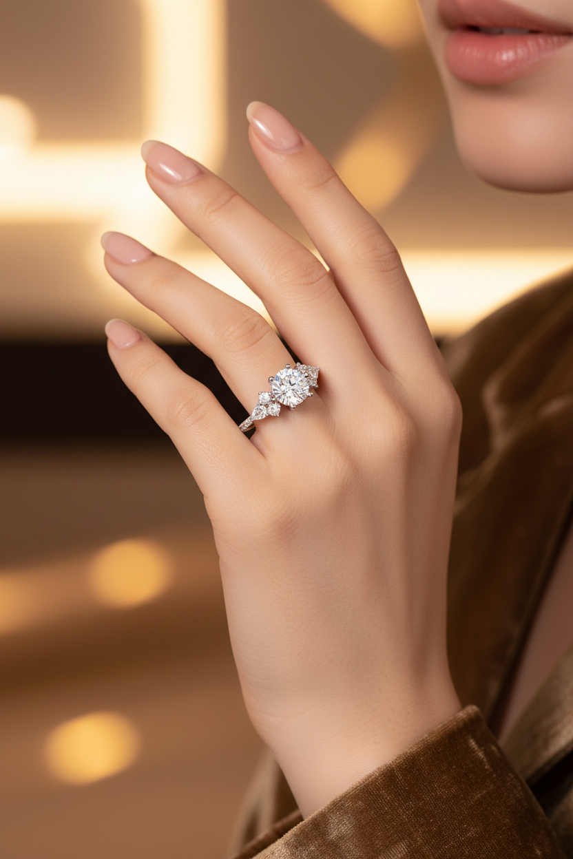 Silver moissanite diamond ring with two small side stones and a bright center stone