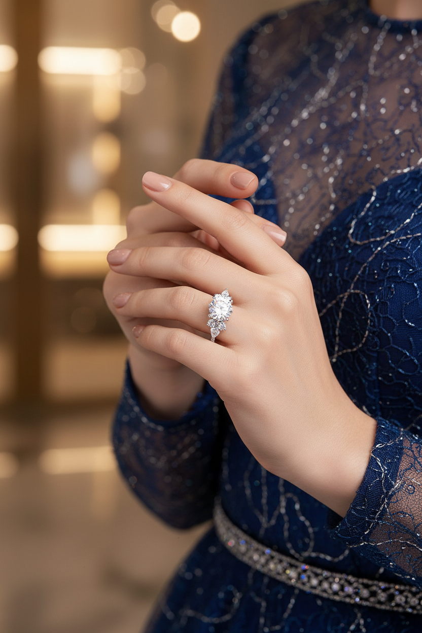 Silver moissanite diamond ring close-up with three sparkling stones on the band