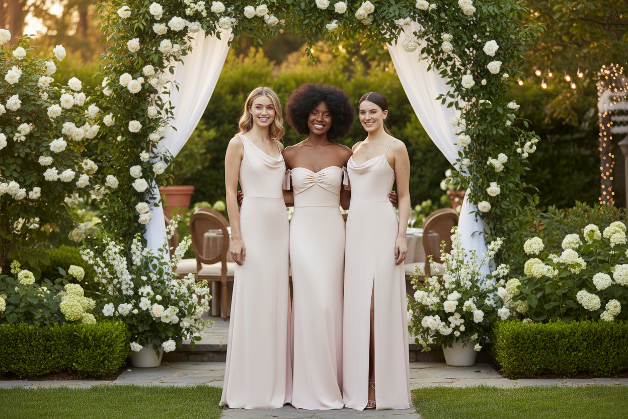 Set of blush bridesmaid dresses with spaghetti straps, fitted bodice, and floor length hem