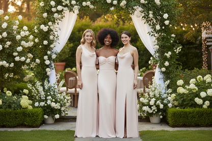 Set of blush bridesmaid dresses with spaghetti straps, fitted bodice, and floor length hem