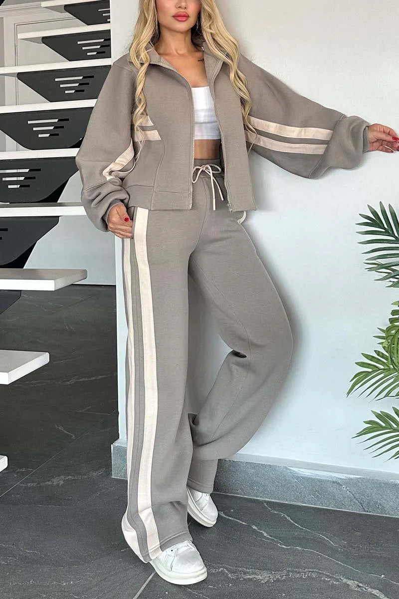 Striped Zip Top Jacket Casual Sports suit Women