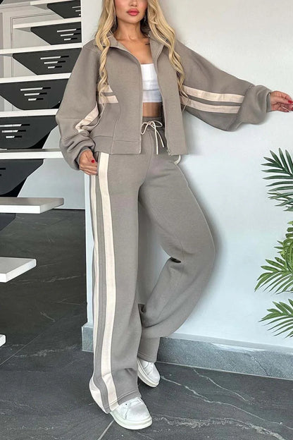 Striped Zip Top Jacket Casual Sports suit Women