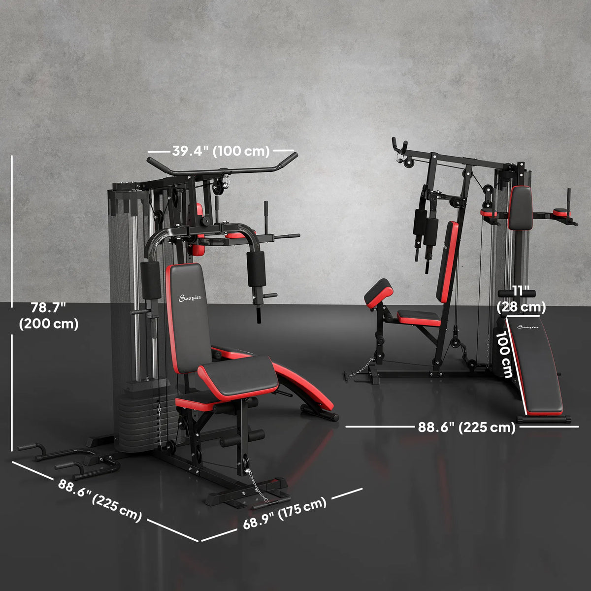 Multi-functional home gym with adjustable bench and lat pulldown tower, shown with dimensions
