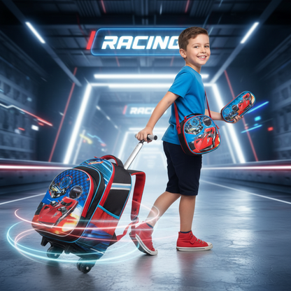 Three-piece trolley school bag set in red and blue with racing graphics and matching pouch