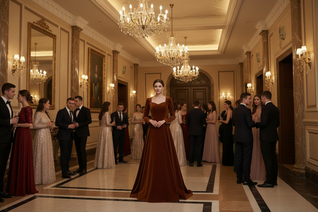 Brown velvet long-sleeve host dress with fitted silhouette and full-length skirt