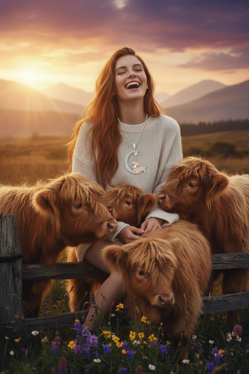 Silver moon pendant necklace with star and Highland cow charm, worn on a chain