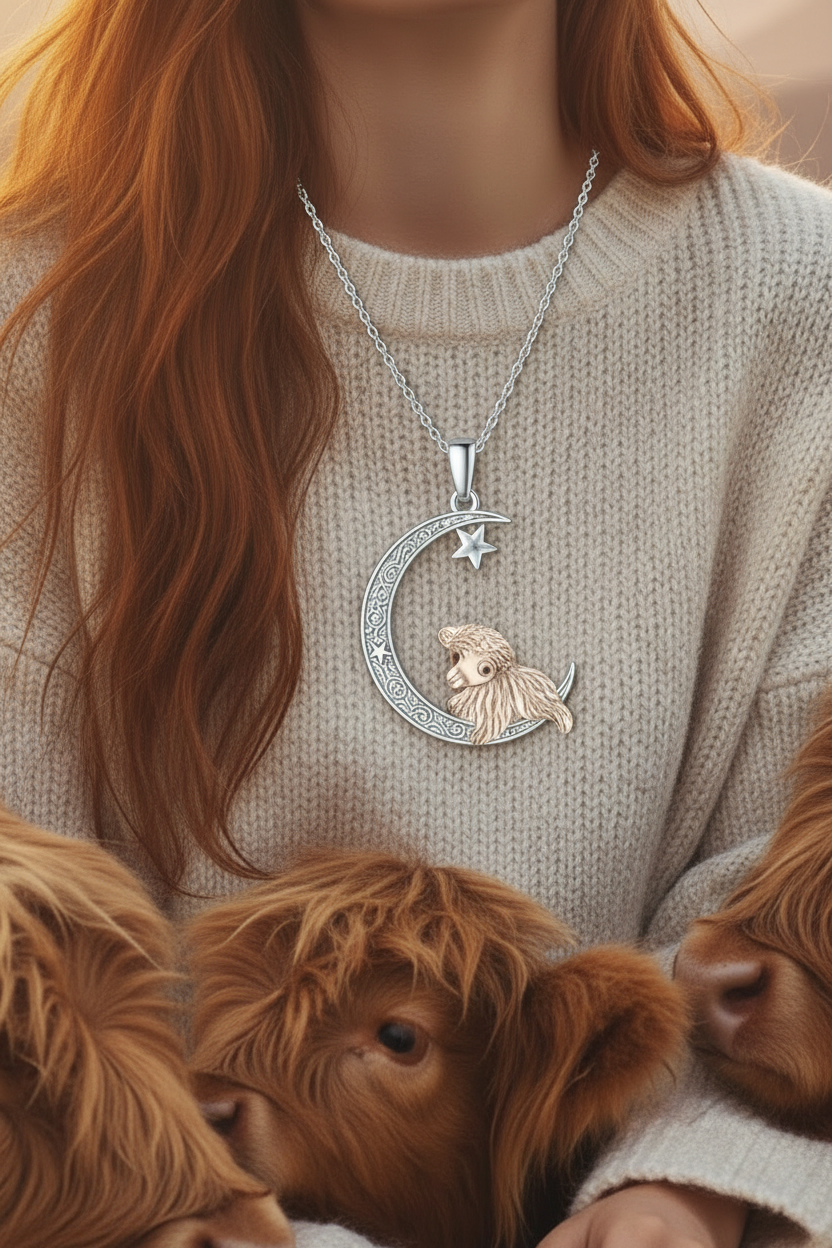 Silver moon pendant necklace close-up with star above and Highland cow charm