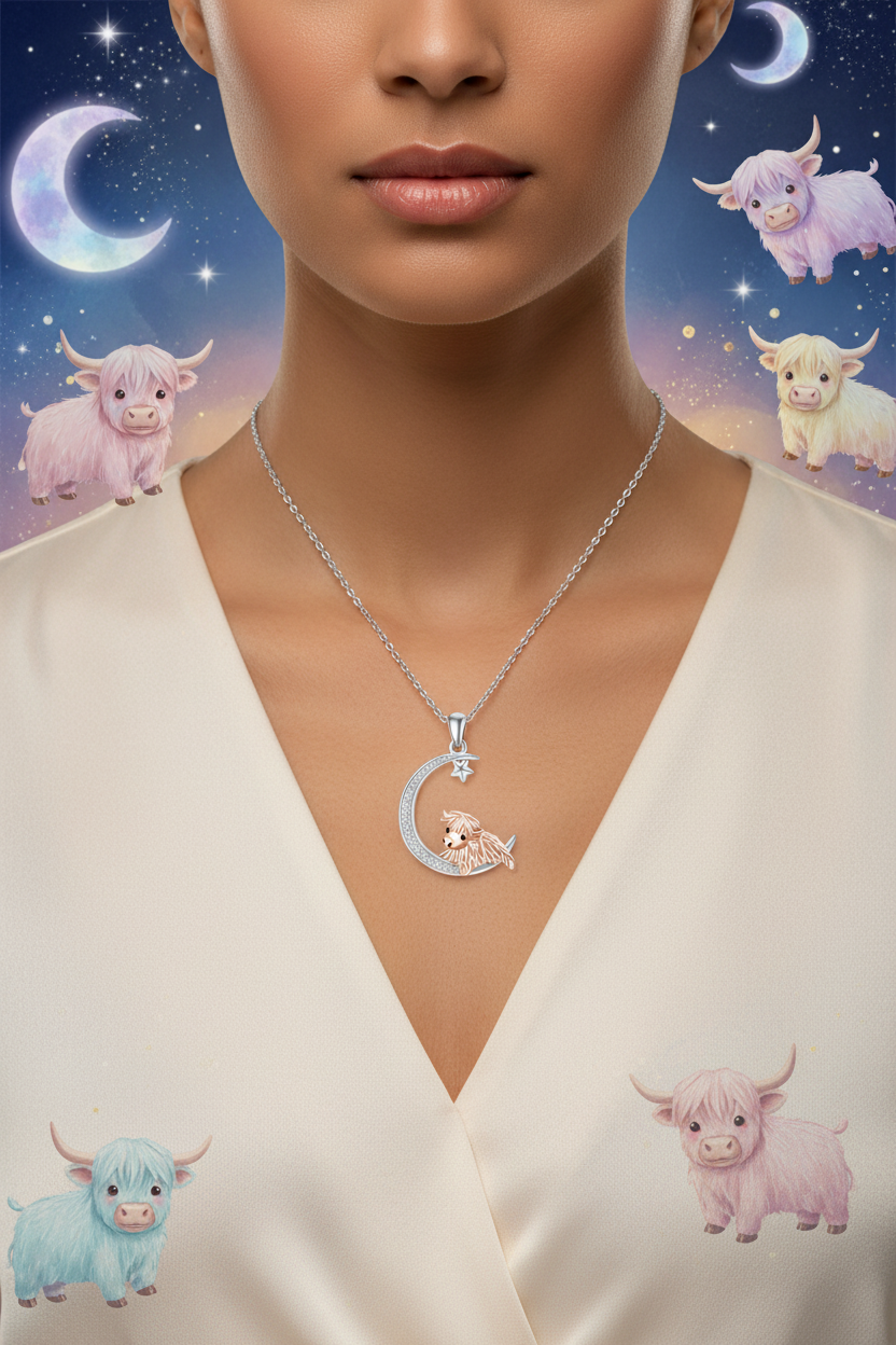 Silver 925 highland cow under crescent moon pendant necklace with star charm
