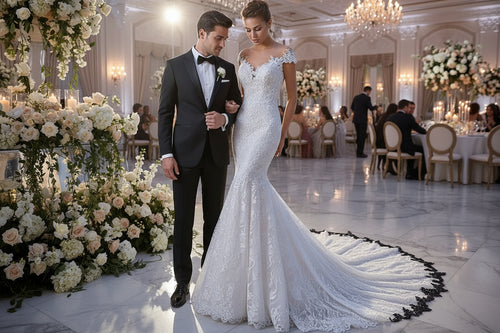 White mermaid lace wedding dress with cap sleeves and lace-trimmed trailing hem