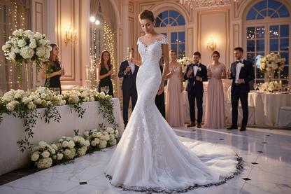 White lace mermaid wedding dress with fitted waist and lace overlay skirt hem