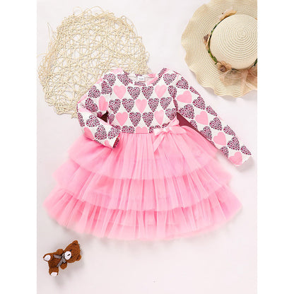 Toddler Girls Outfits Long Sleeve Graphic Heart Print Mesh Tulle Valentine Birthday Party Dress