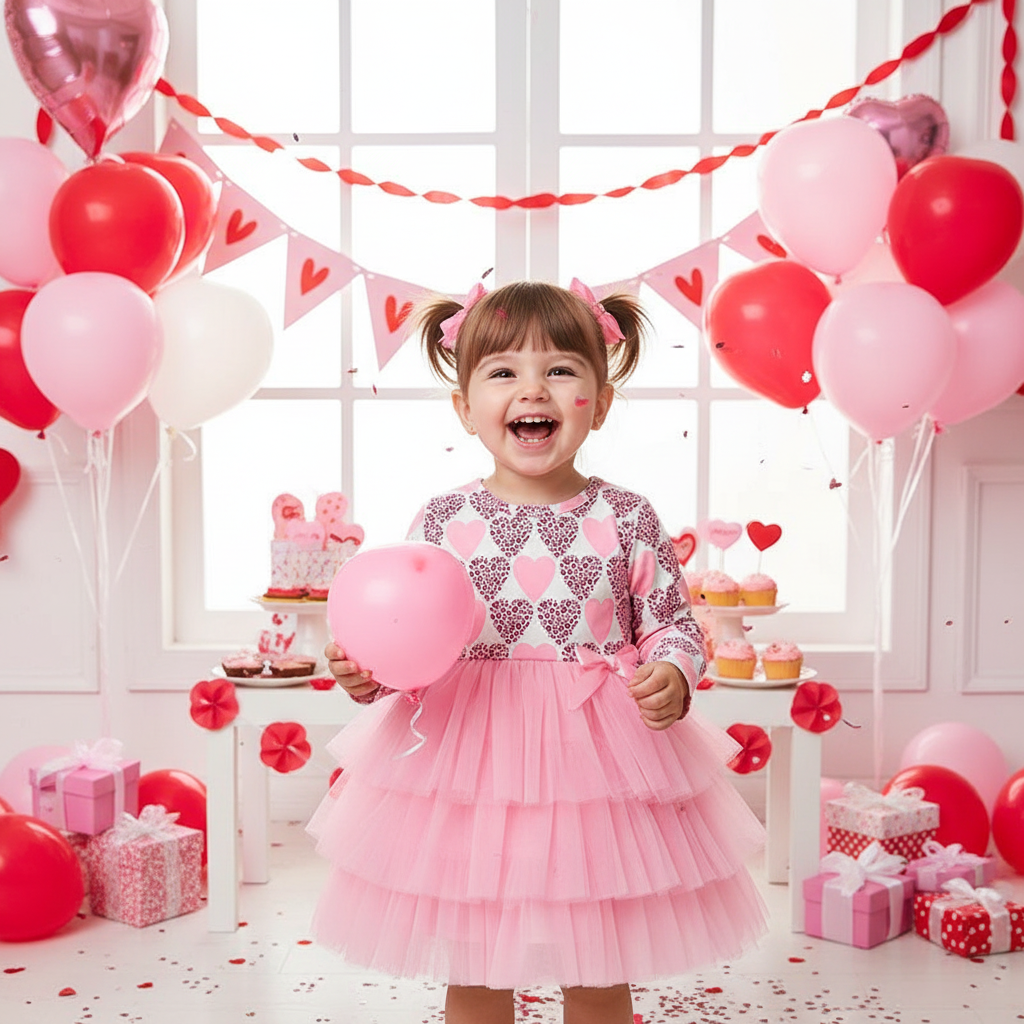 Toddler Girls Outfits Long Sleeve Graphic Heart Print Mesh Tulle Valentine Birthday Party Dress