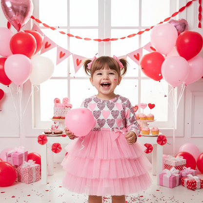 Toddler Girls Outfits Long Sleeve Graphic Heart Print Mesh Tulle Valentine Birthday Party Dress