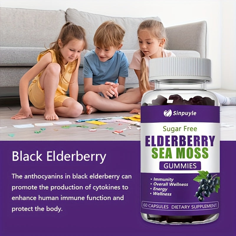 Sugar-free elderberry sea moss gummies bottle with purple and green label, Sinpuyile.