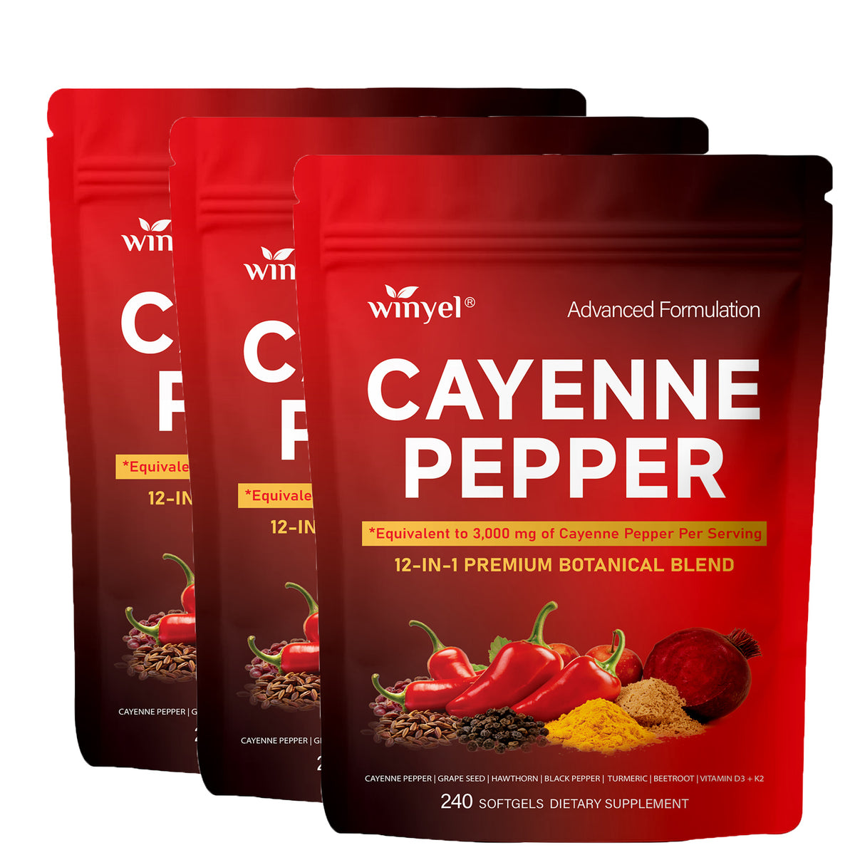 Two Cayenne Pepper supplement pouches, red bags with bold “CAYENNE PEPPER” label.