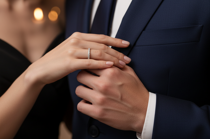 Silver moissanite diamond row ring on hands near a suit jacket lapel.