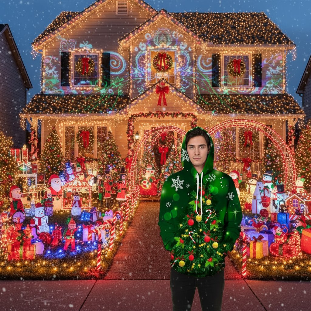 Christmas 3D Digital Print Casual Loose Fit Hooded Pullover Sweatshirt