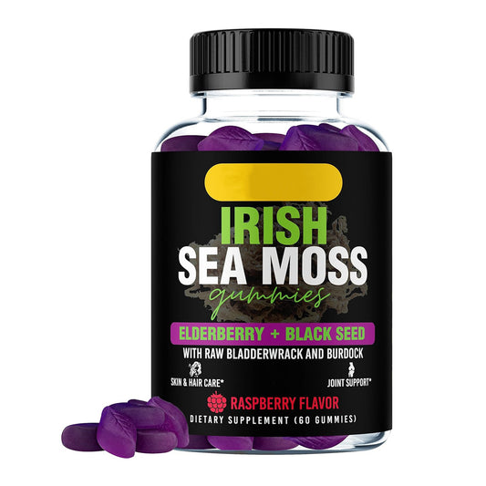 Bottle of purple gummy sea moss supplement with purple gummy pieces