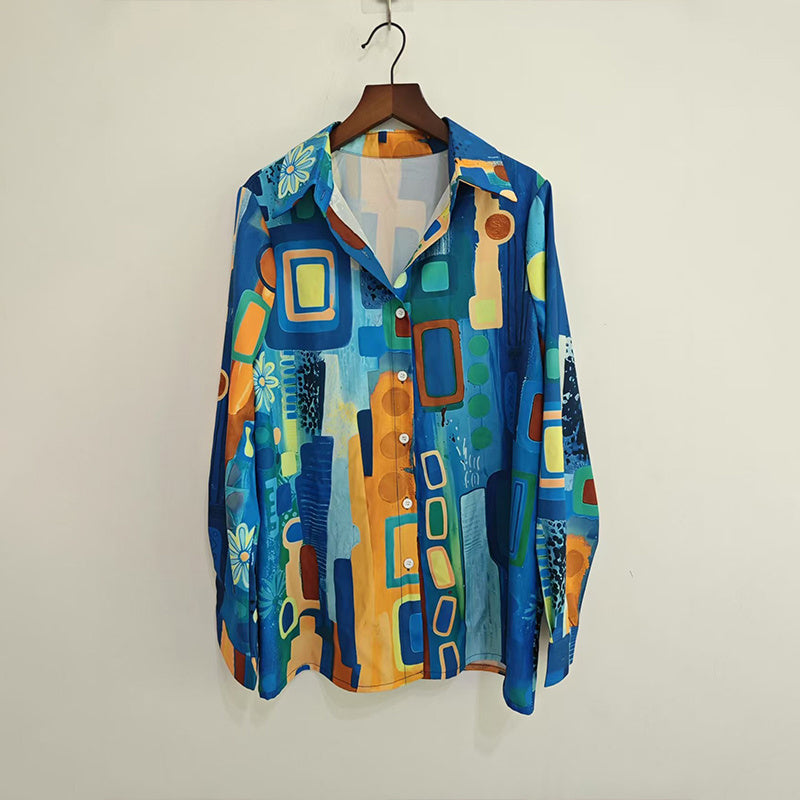 Women's Lapel Collar Printed Long Sleeve Shirt - Vibrant Colorful Pattern Button-Up Blouse Stylish
