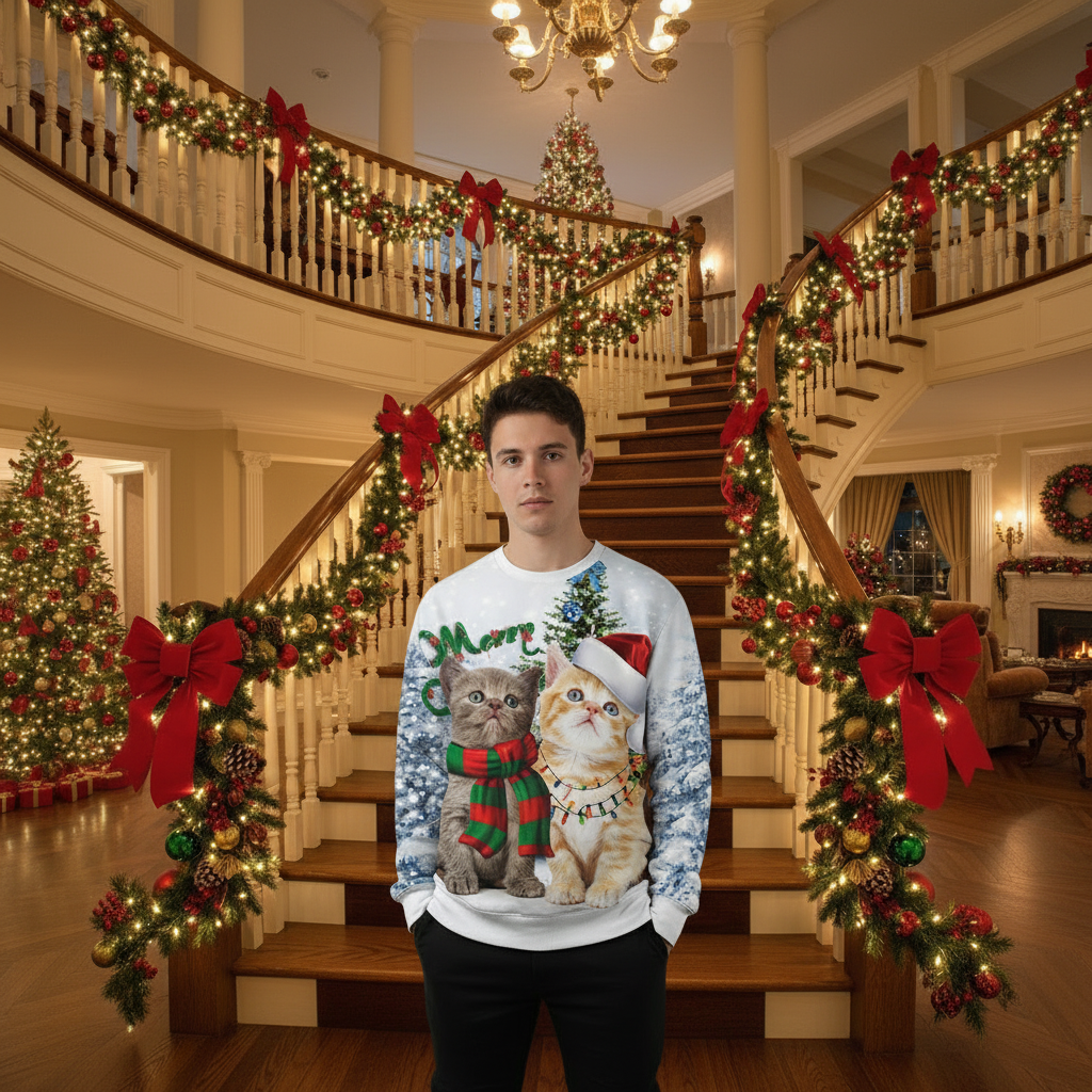 Cat Christmas Digital Printing Round-neck Pullover