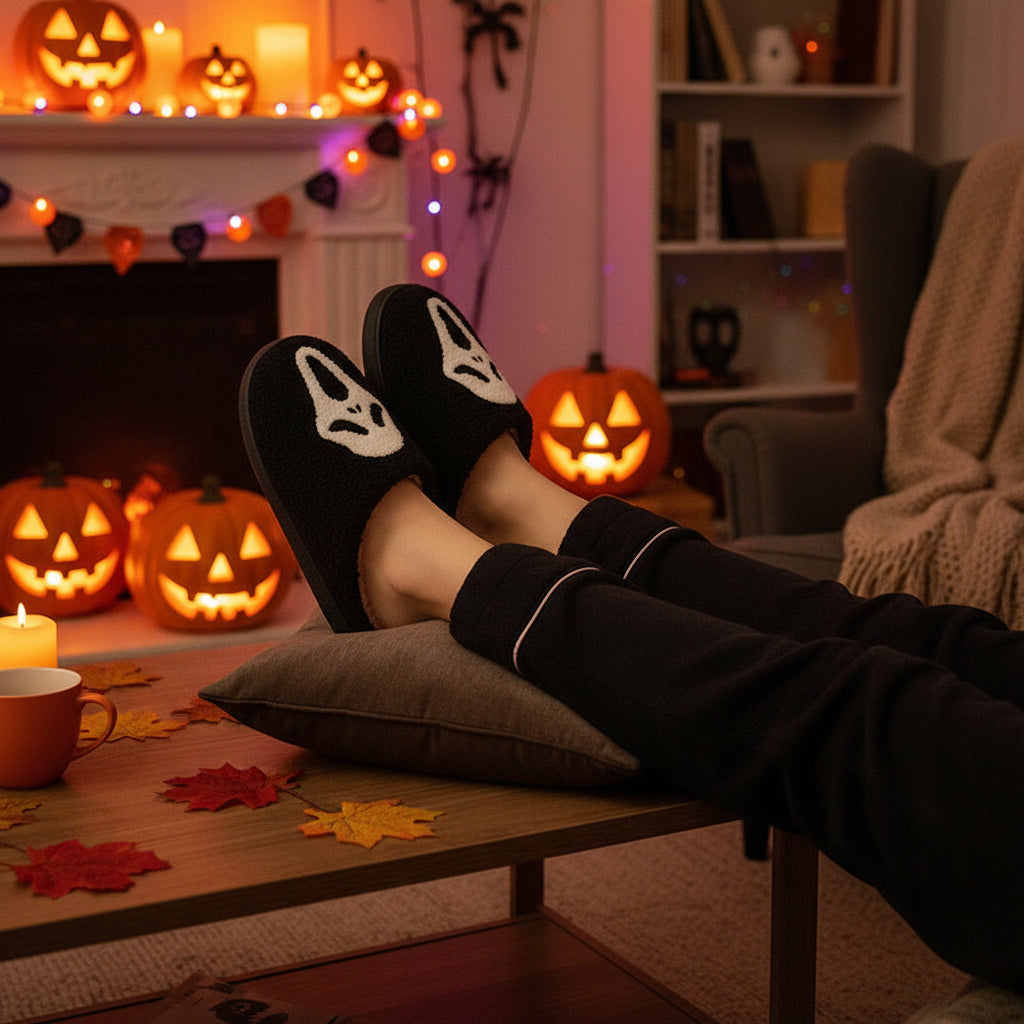 Halloween Skull Cartoon Print  Warm Winter, For Men Women Home Shoes Indoor Cotton Slippers