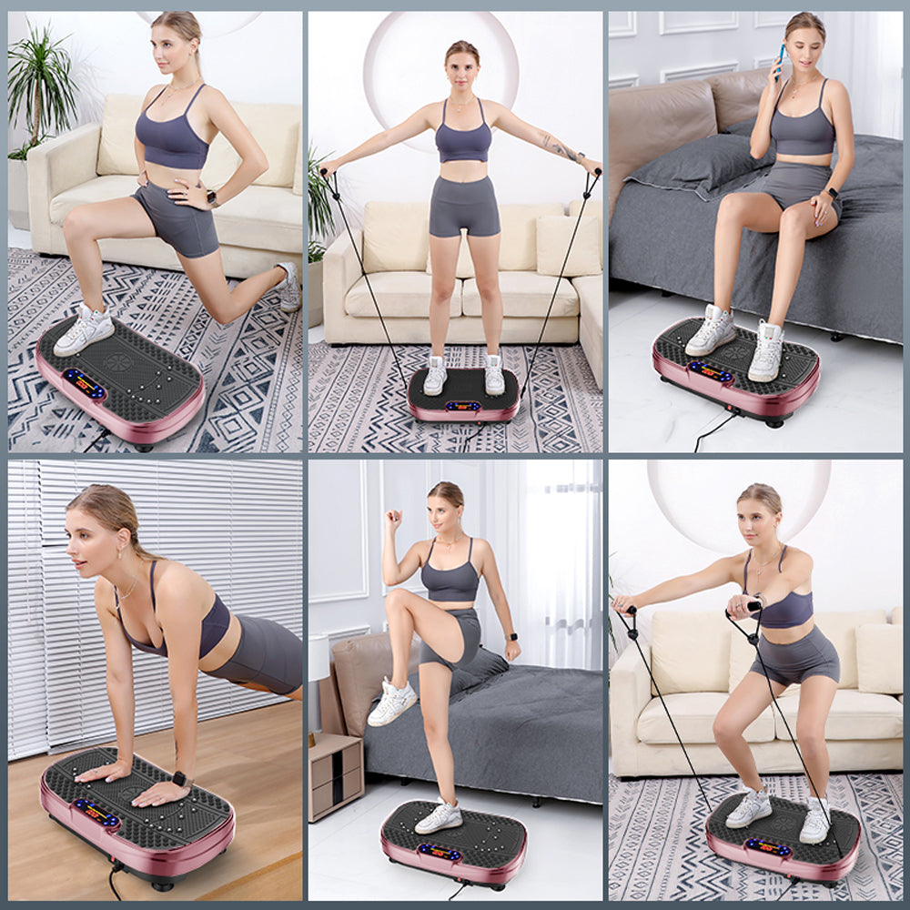Rose red vibration plate fitness platform with textured surface, person using for exercise