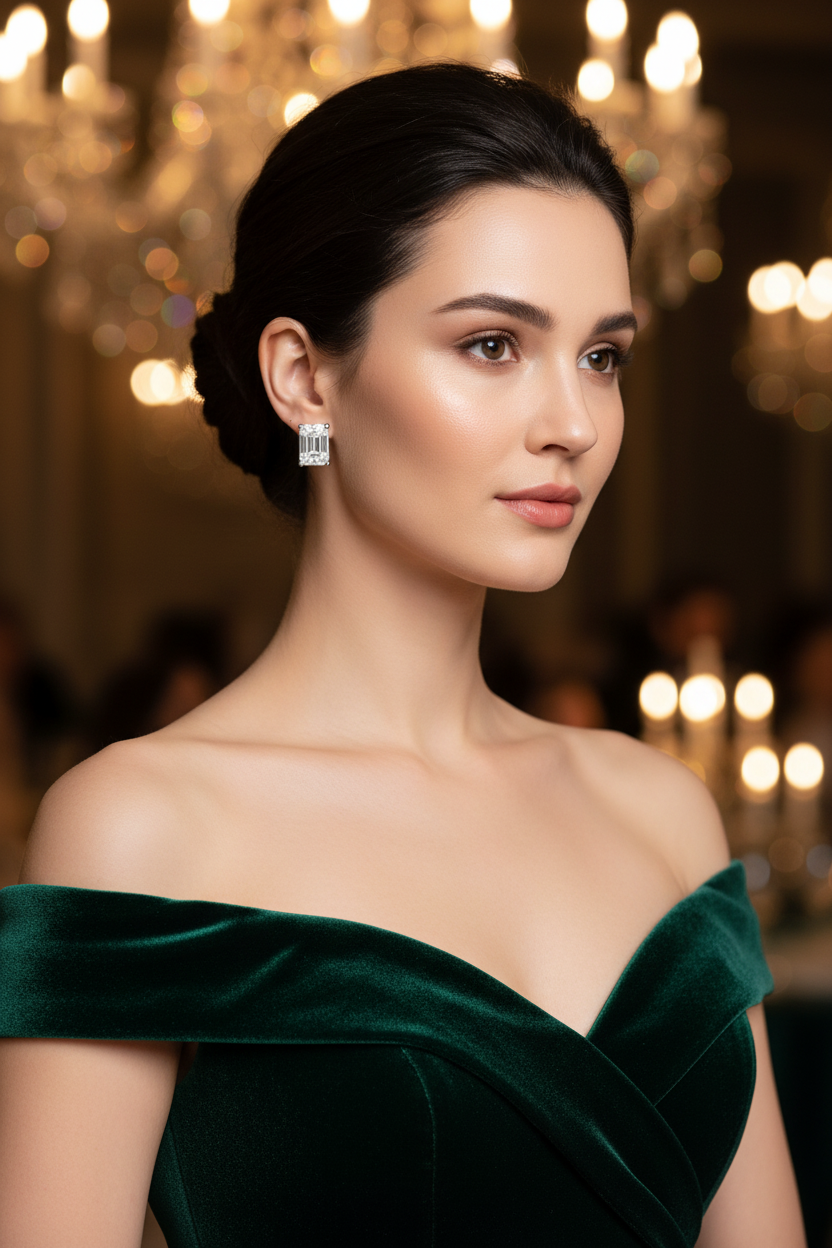 Rectangular diamond stud earrings on ear, close-up portrait