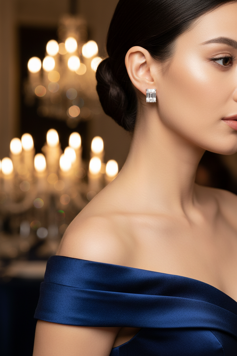 Silver diamond-style stud earrings, rectangular stones shown on ear