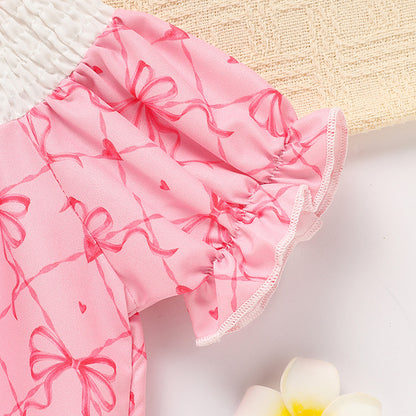 Baby Girl's Bowknot Graphic Print Romper, Daddy's Girl Letter Print Triangle Jumpsuit With Bubble Sleeves