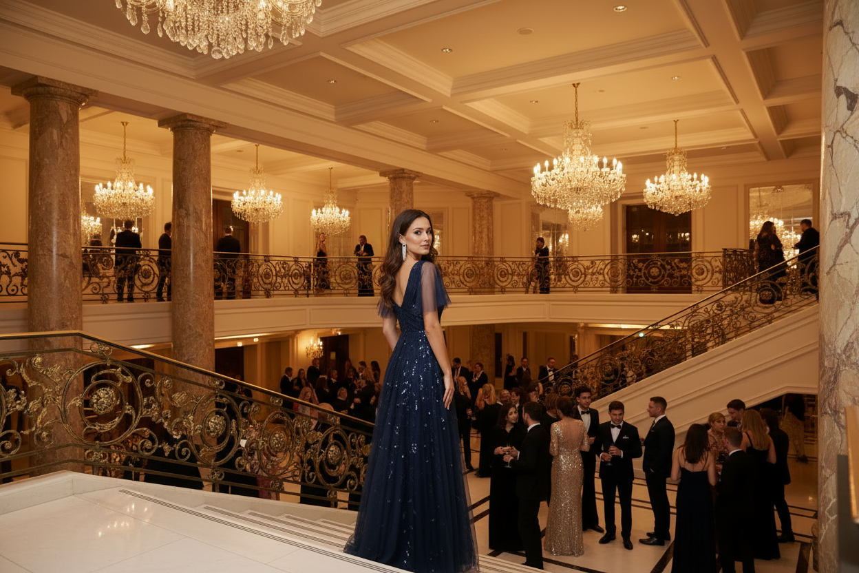 Women's long evening dress, navy lace with short sleeves and full skirt