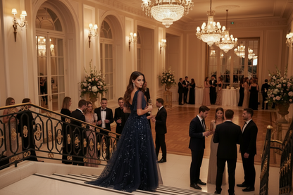 Women's long evening dress, dark navy sleeveless beaded bodice and skirt