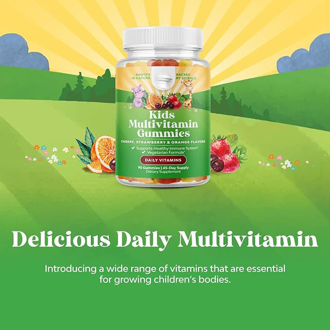 Children's multivitamin gummy bottle with kids multivitamin label and daily vitamins