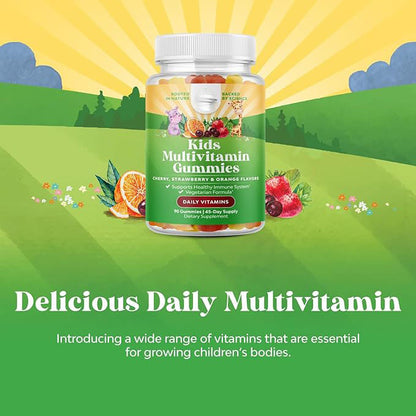 Children's multivitamin gummy bottle with kids multivitamin label and daily vitamins