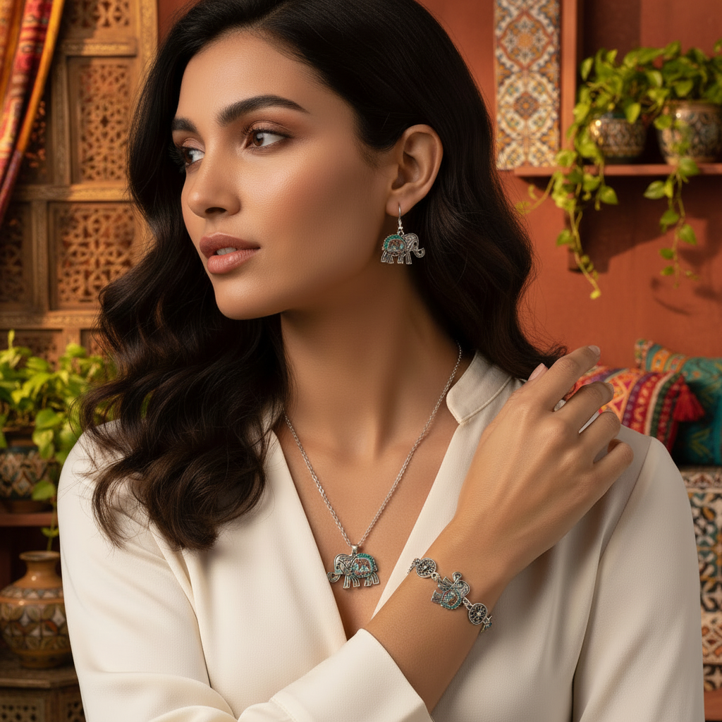 Silver elephant jewelry set: pendant necklace, drop earrings, and cuff bracelet.