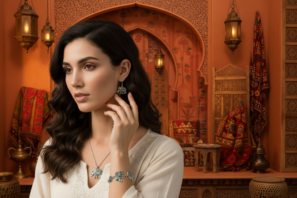 Silver elephant jewelry set with pendant necklace, bracelet, and drop earrings.