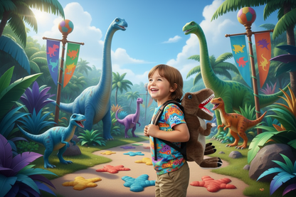 Plush dinosaur simulation backpack with colorful front panel and brown plush dinosaur face