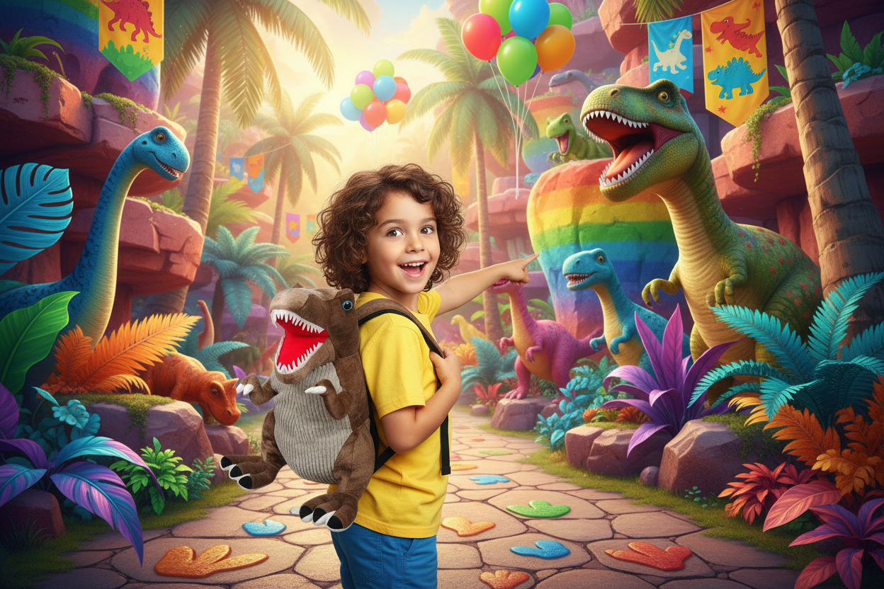 Olive dinosaur plush backpack with red open mouth, stitched teeth, and padded straps.