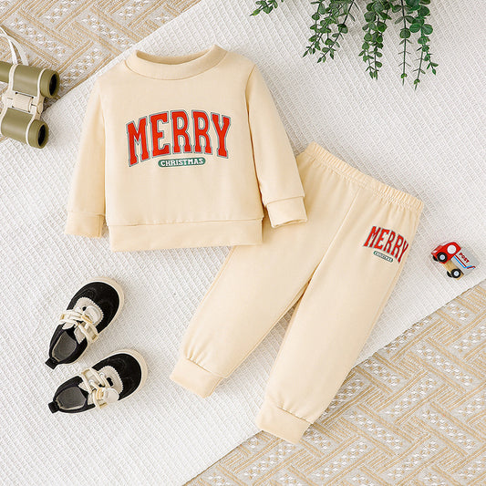 Baby Girls 2Pcs Outfits MERRY Christmas Letter Print Round Neck Long Sleeve Sweatshirt & Pants Set