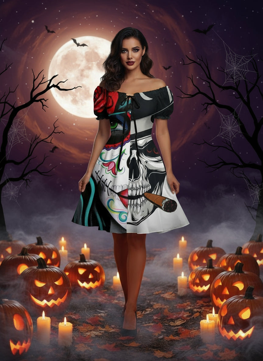 Halloween Print Drawstring Dress With Puffy Sleeves